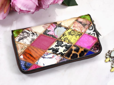 Portofel multicolor piele naturală cu accente corai Eden