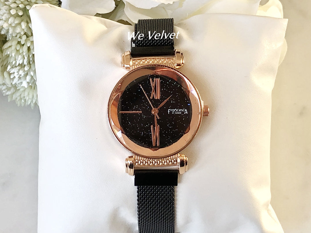 Ceas rose gold cu brățară magnetică neagră Francesca di Geneva