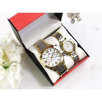 Set 2 ceasuri aurii cu argintiu i cadran alb EL + EA i cutie cadou