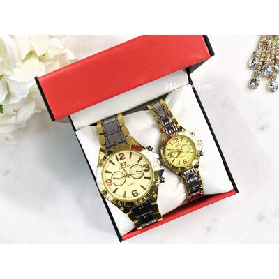 Set 2 ceasuri aurii cu argintiu i cadran galben EL + EA i cutie cadou