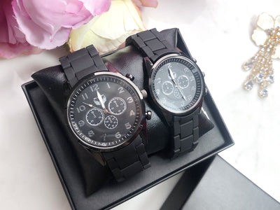 Set 2 ceasuri cu cadran negru și curea din piele eco EL + EA și cutie CADOU C202