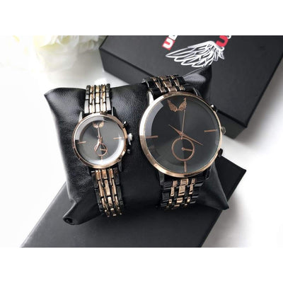 Set 2 ceasuri negre cu rose gold EL + EA și cutie cadou