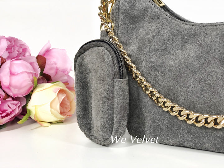 Set geantă gri piele întoarsă și mini portofel Stilette – We Velvet