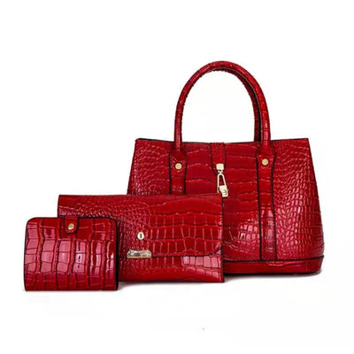 Set geantă roșie piele eco lăcuită cu portofard și mini portofel Ibrella